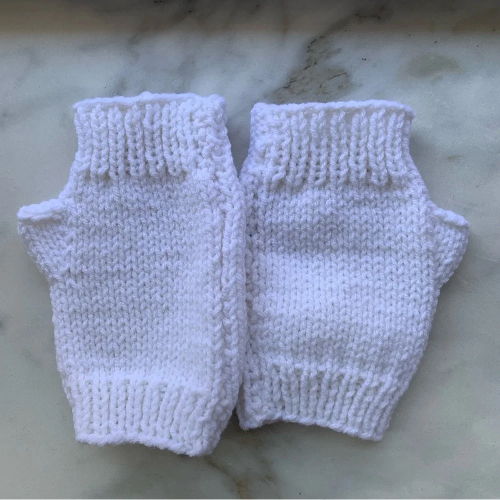 Handmade Homemade Hand Knit White Acrylic Yarn Hand Warmer Fingerless Gloves
